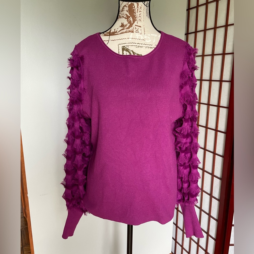Sioni Milano Sweater with Fringe Bishop Sleeves, Size L